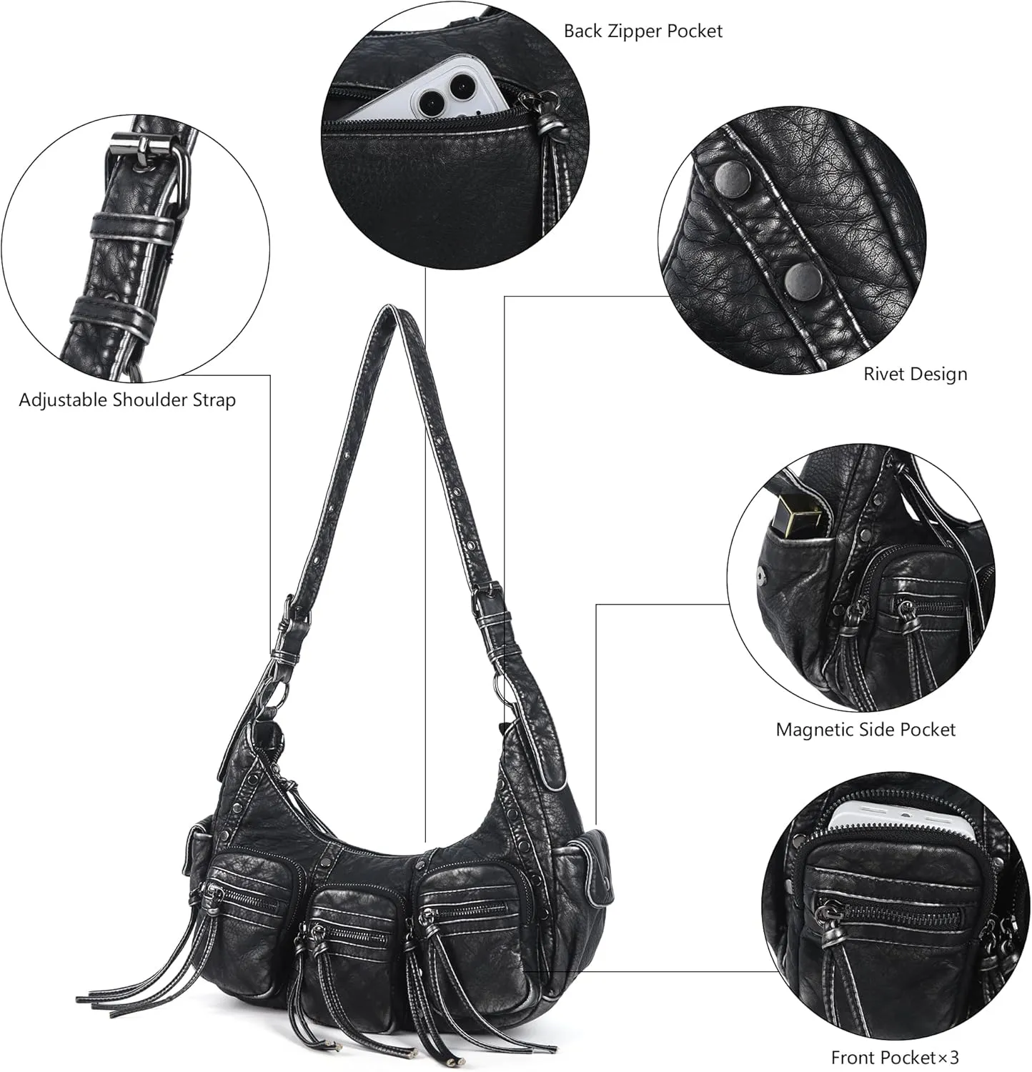 Angel Kiss Hobo Bags Purse for Women Y2K Shoulder Bag Multi Pockets Designer Satchel Studded Handbags with Strap