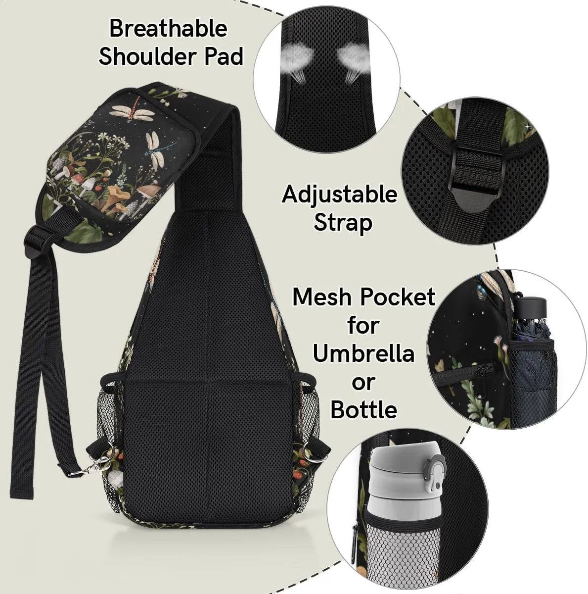 Animal Dragonfly Sling Bag Crossbody Sling Backpack Water Resistant Shoulder Bag Outdoor Travel Hiking Chest Bag Daypack for Women Men Unisex