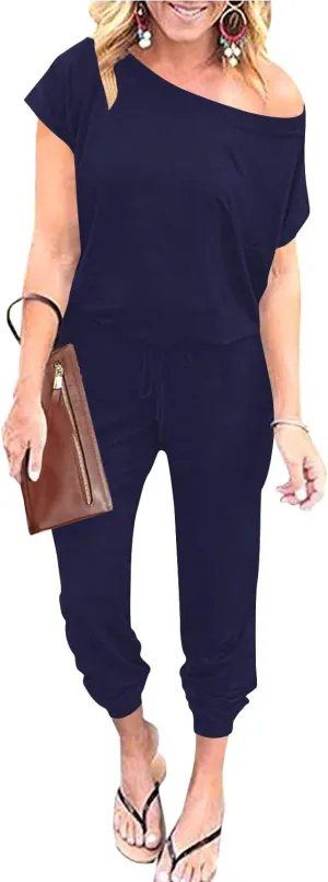 ANRABESS Women's Loose Summer Casual Off Shoulder Elastic Waist Stretchy Long Romper Jumpsuit