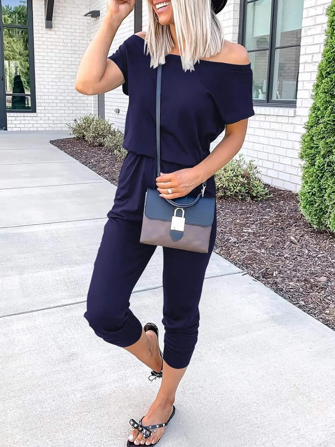 ANRABESS Women's Loose Summer Casual Off Shoulder Elastic Waist Stretchy Long Romper Jumpsuit