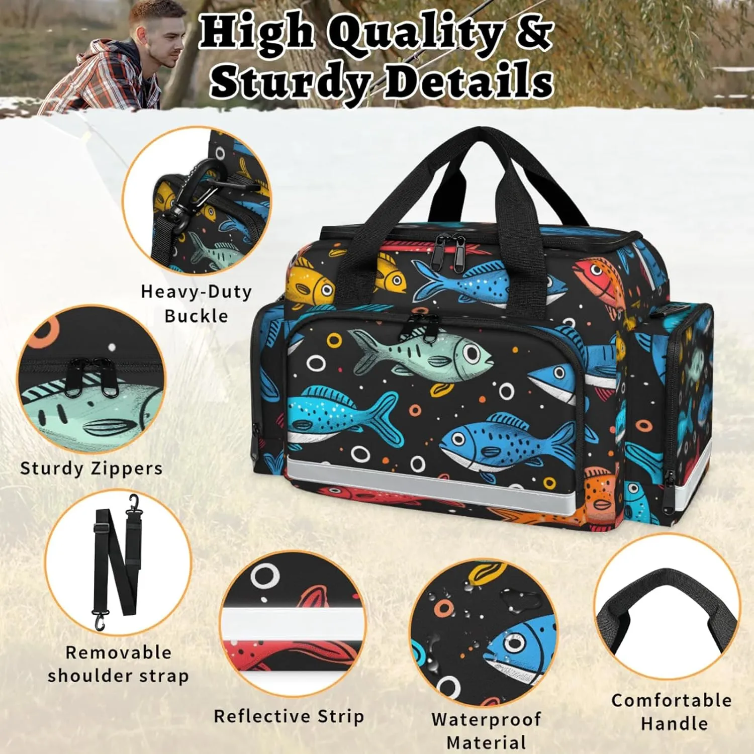 Anti-Scratch Duffle Bag for Travel 25x17.7x11.2 Inch - Waterproof Duffel Bag for Camping Fitness, Durable EMS Gear for First Responders Cute Fishes