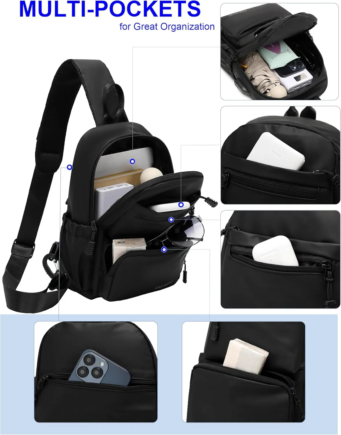Anti Theft Sling Crossbody Backpack Shoulder Bag for Men,Chest Bags with USB Charger Port For Casual Camping Biking Travel Cycling (Black)
