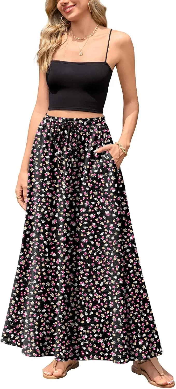 Aodemo Women's Flowy Maxi Skirt Summer Boho Pleated Elastic Waisted Casual Beach Long Skirts with Pockets