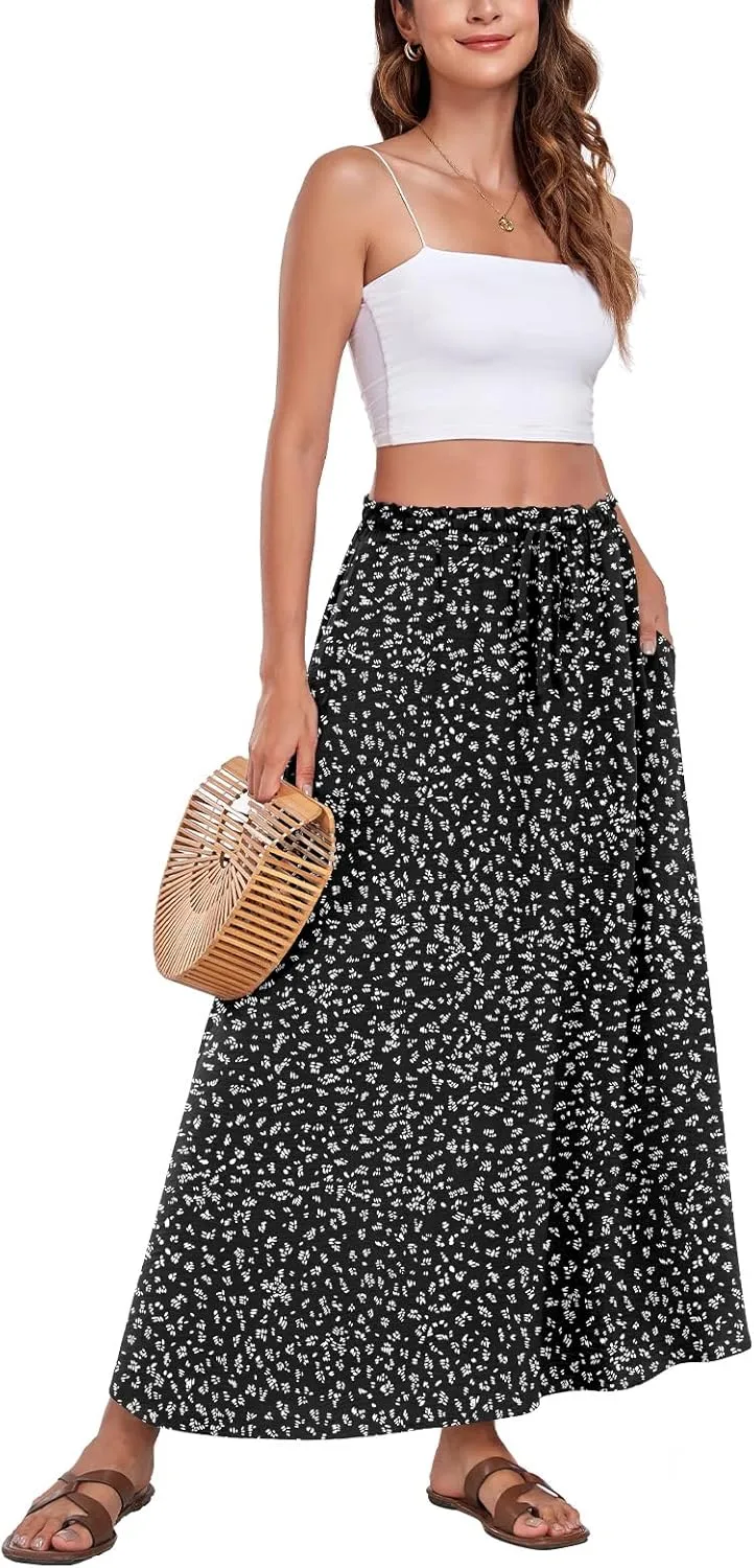 Aodemo Women's Flowy Maxi Skirt Summer Boho Pleated Elastic Waisted Casual Beach Long Skirts with Pockets