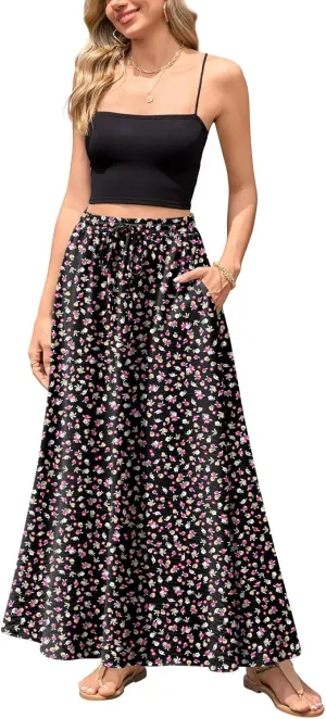 Aodemo Women's Flowy Maxi Skirt Summer Boho Pleated Elastic Waisted Casual Beach Long Skirts with Pockets