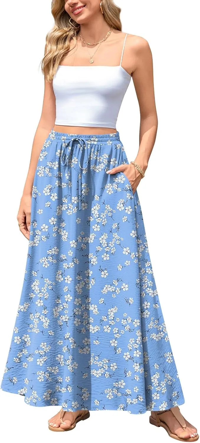 Aodemo Women's Flowy Maxi Skirt Summer Boho Pleated Elastic Waisted Casual Beach Long Skirts with Pockets