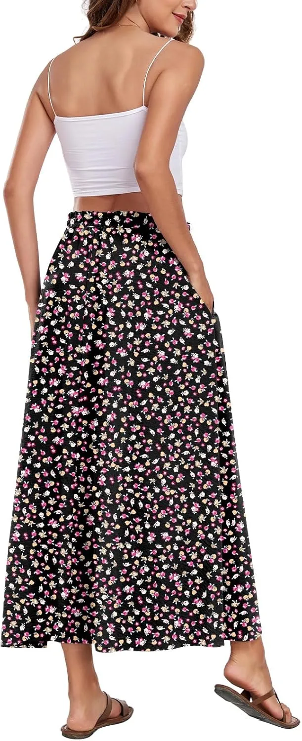 Aodemo Women's Flowy Maxi Skirt Summer Boho Pleated Elastic Waisted Casual Beach Long Skirts with Pockets