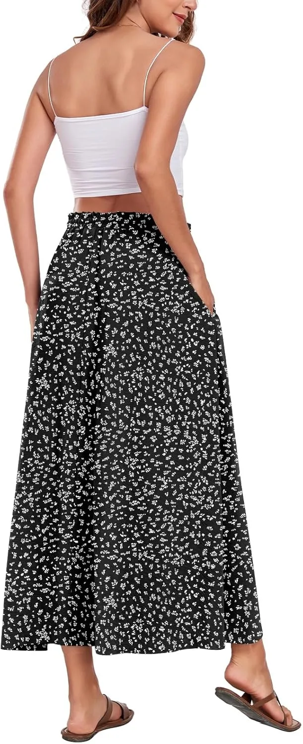 Aodemo Women's Flowy Maxi Skirt Summer Boho Pleated Elastic Waisted Casual Beach Long Skirts with Pockets