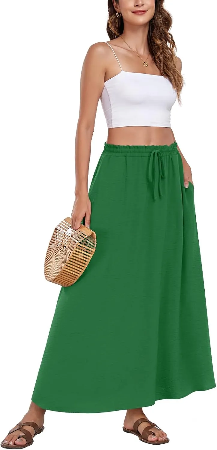 Aodemo Women's Flowy Maxi Skirt Summer Boho Pleated Elastic Waisted Casual Beach Long Skirts with Pockets
