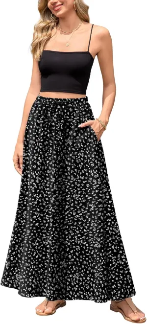 Aodemo Women's Flowy Maxi Skirt Summer Boho Pleated Elastic Waisted Casual Beach Long Skirts with Pockets