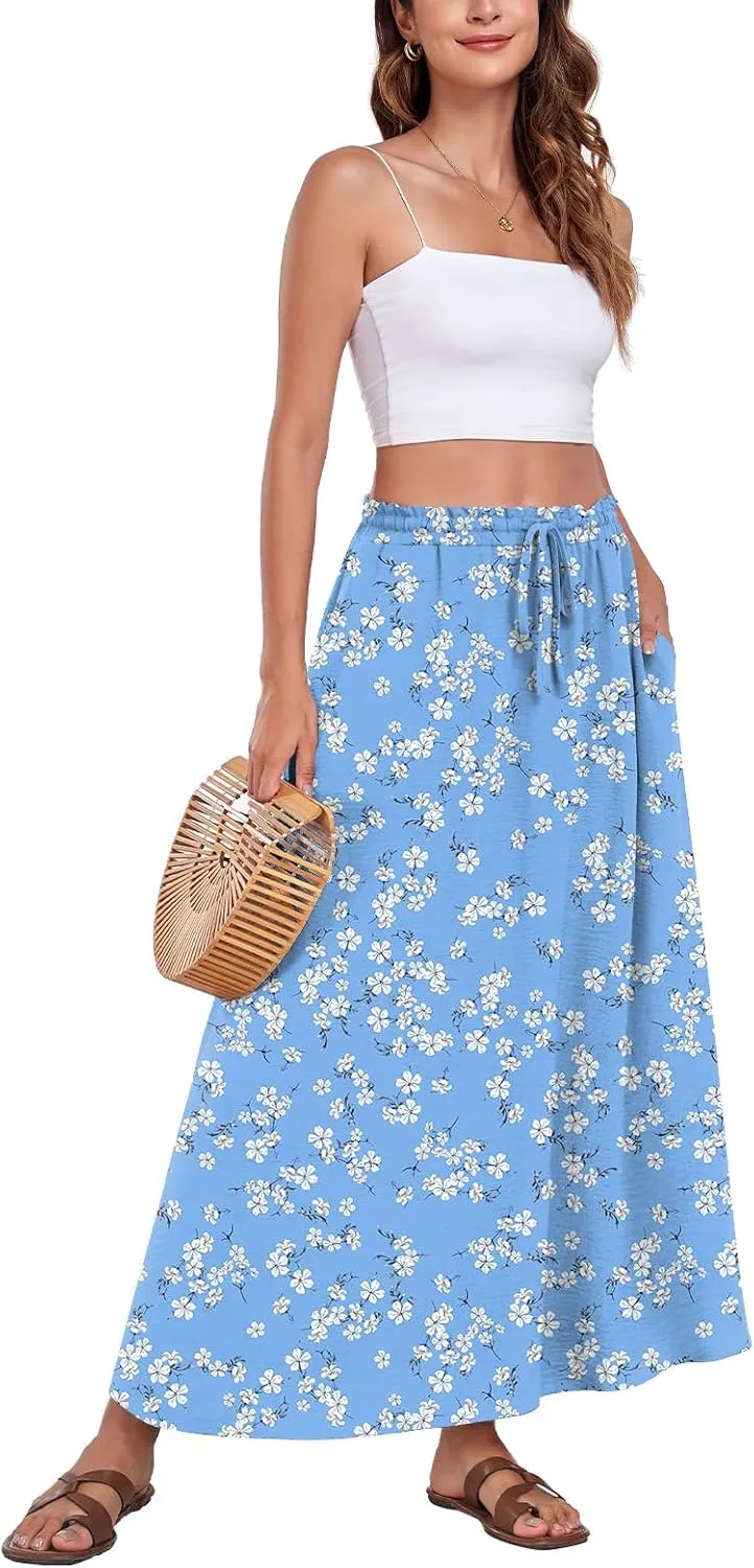 Aodemo Women's Flowy Maxi Skirt Summer Boho Pleated Elastic Waisted Casual Beach Long Skirts with Pockets