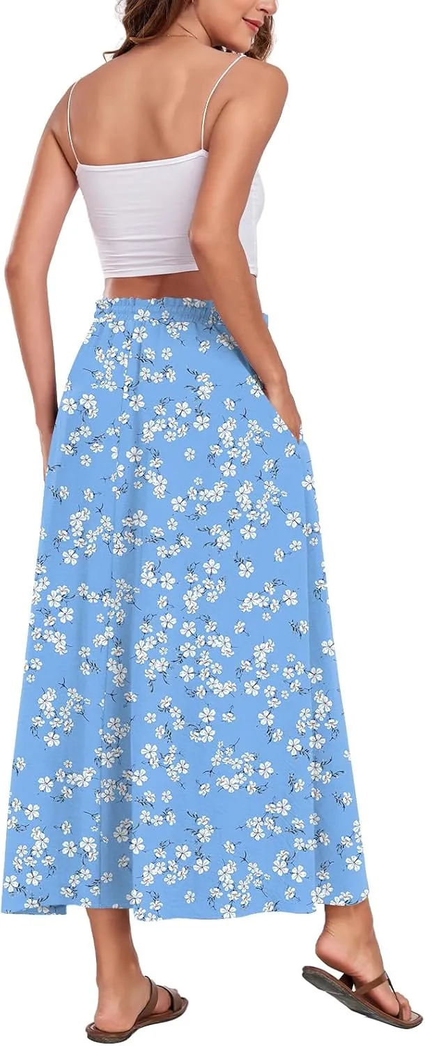 Aodemo Women's Flowy Maxi Skirt Summer Boho Pleated Elastic Waisted Casual Beach Long Skirts with Pockets