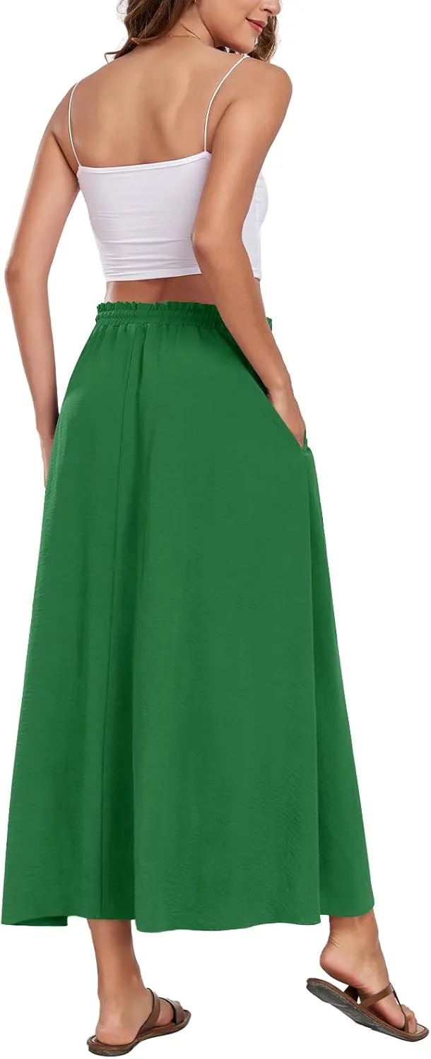Aodemo Women's Flowy Maxi Skirt Summer Boho Pleated Elastic Waisted Casual Beach Long Skirts with Pockets