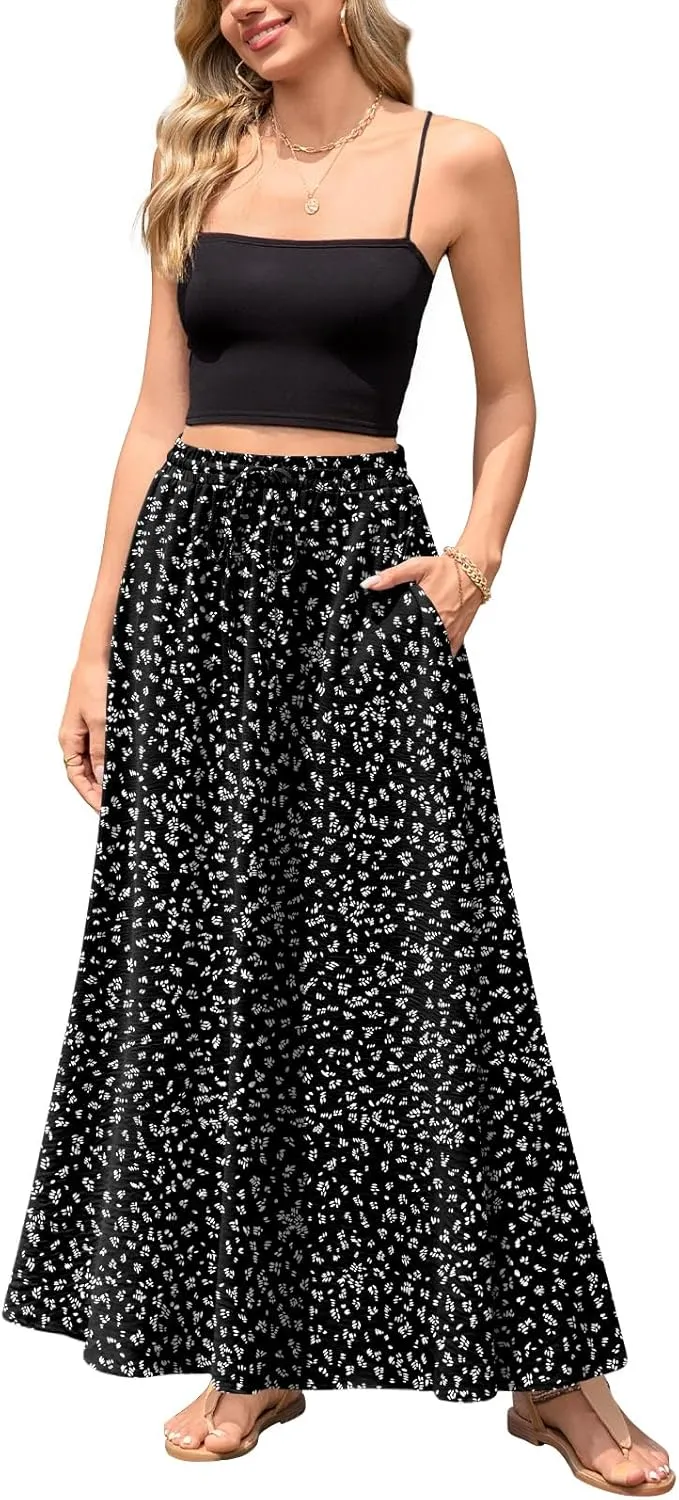 Aodemo Women's Flowy Maxi Skirt Summer Boho Pleated Elastic Waisted Casual Beach Long Skirts with Pockets