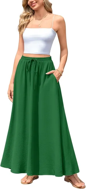 Aodemo Women's Flowy Maxi Skirt Summer Boho Pleated Elastic Waisted Casual Beach Long Skirts with Pockets