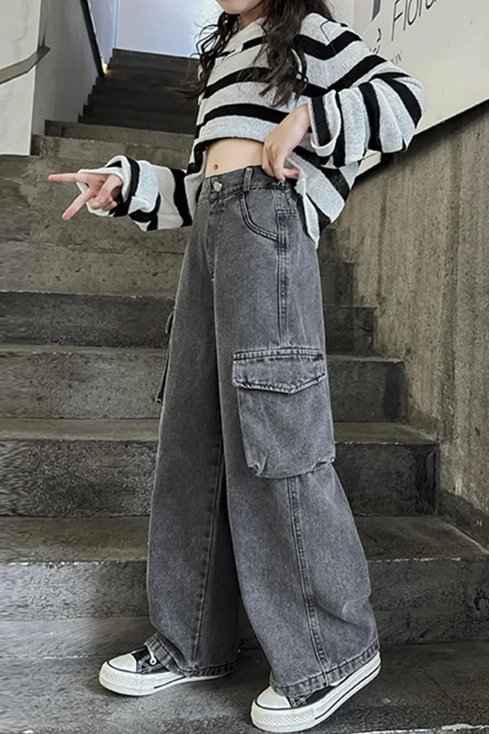 AOWKULAE Girls Jeans Elastic Waist Wide Leg Pants Kids Jeans 4-14 Years