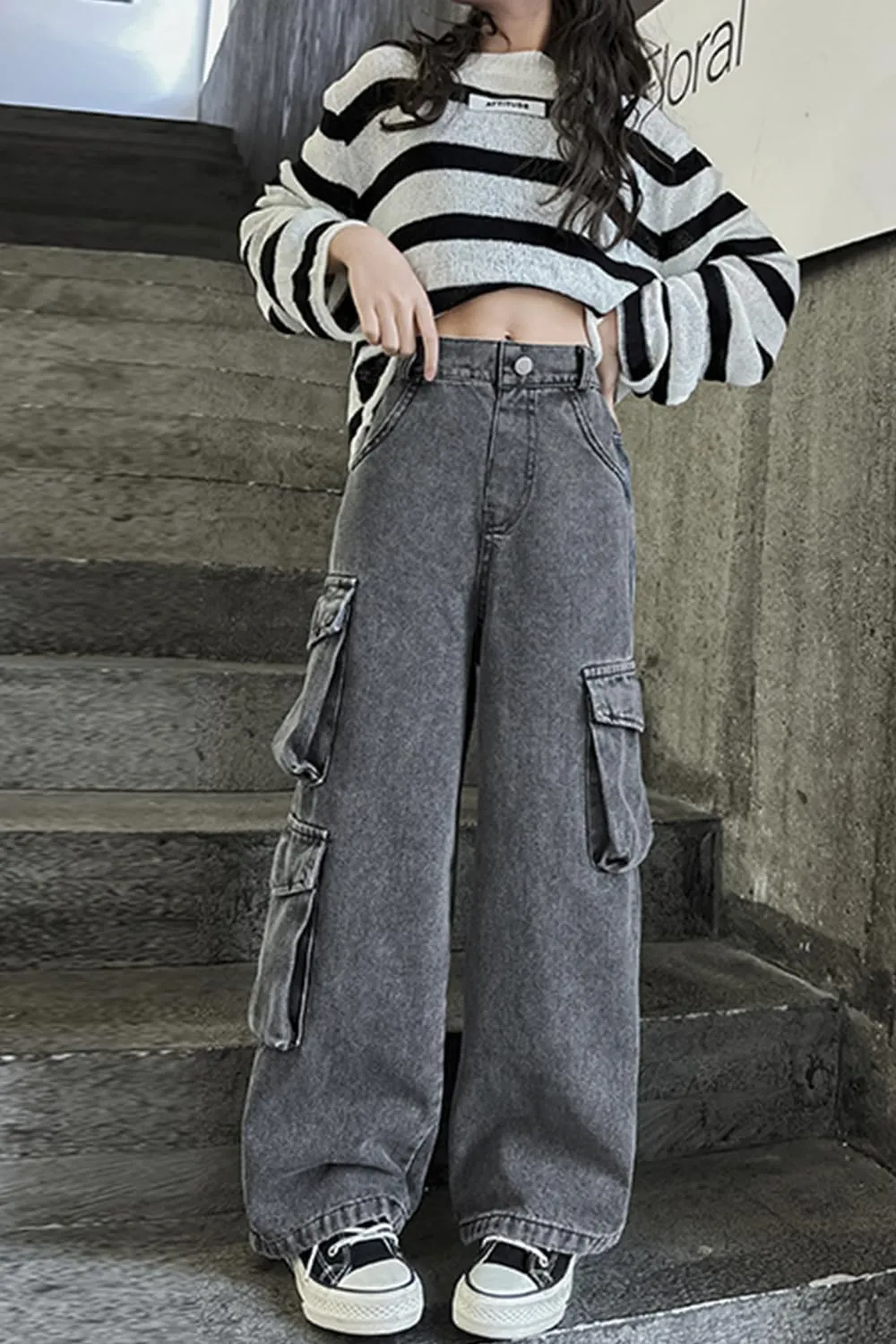 AOWKULAE Girls Jeans Elastic Waist Wide Leg Pants Kids Jeans 4-14 Years
