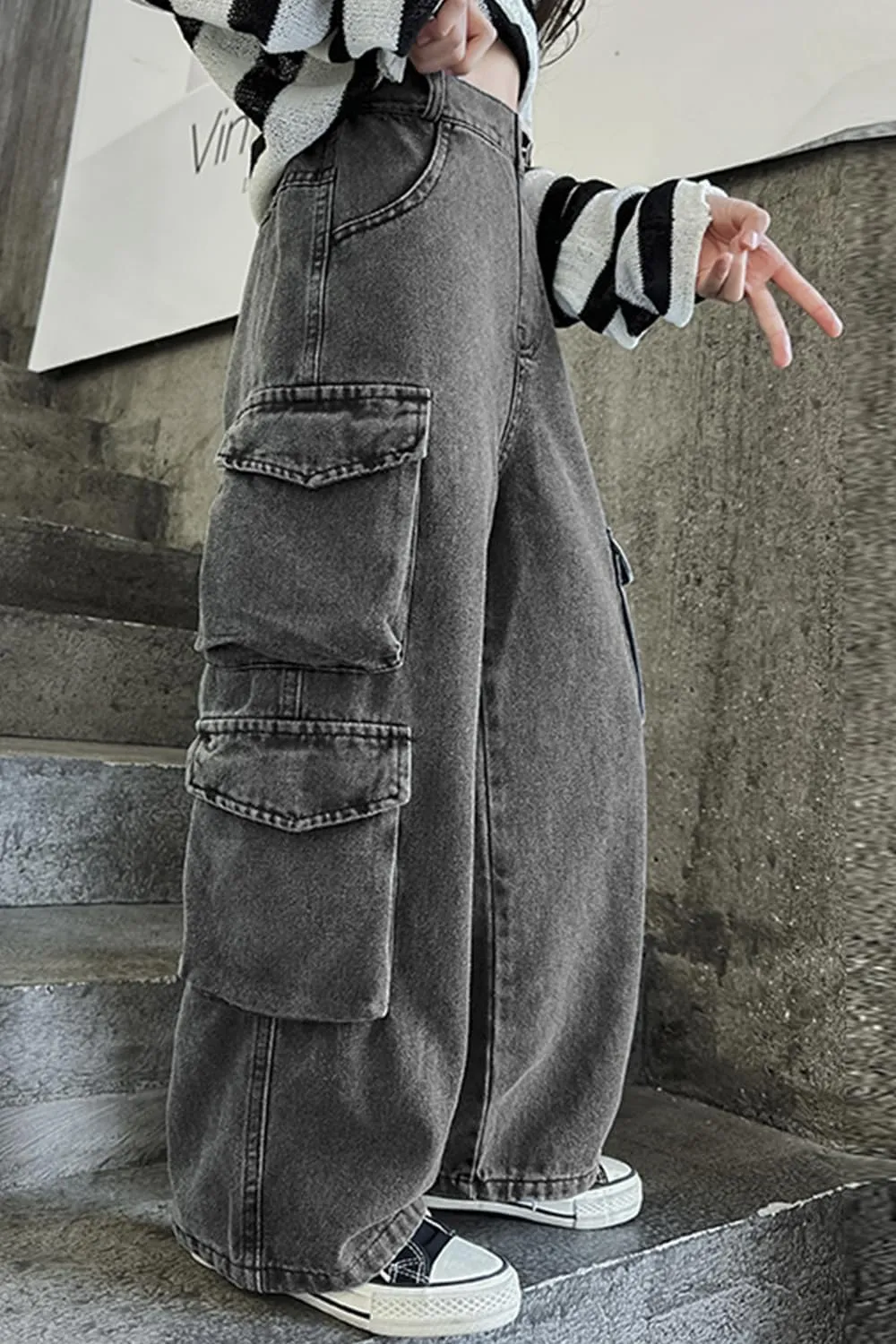 AOWKULAE Girls Jeans Elastic Waist Wide Leg Pants Kids Jeans 4-14 Years