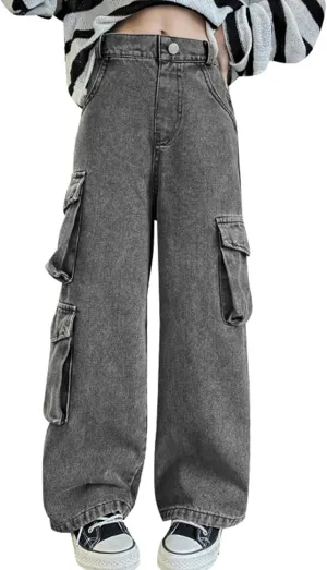 AOWKULAE Girls Jeans Elastic Waist Wide Leg Pants Kids Jeans 4-14 Years