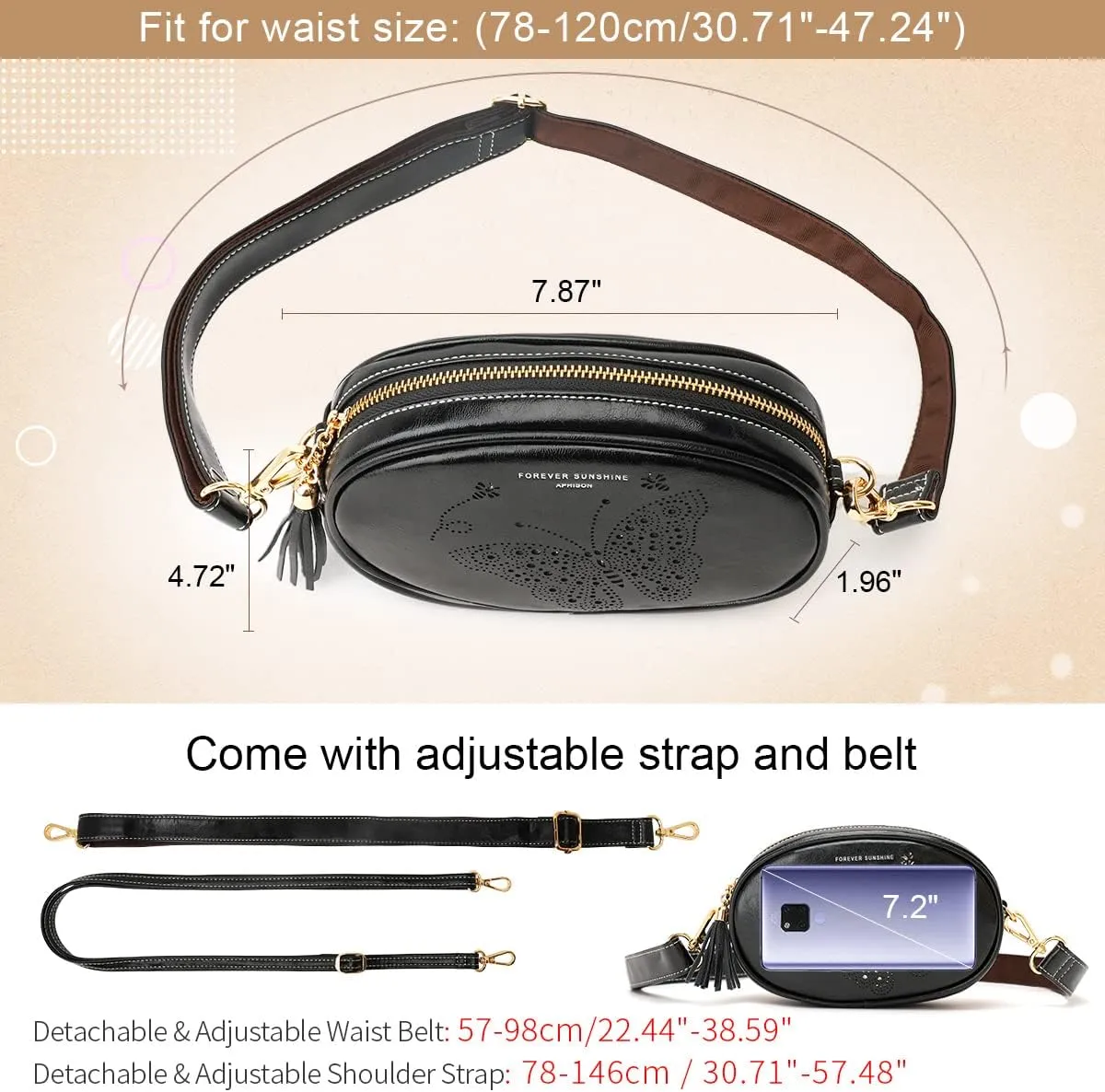 APHISON Fanny Pack for Women White Crossbody Everywhere Belt Bag Traveling Bag with 2 Adjustable Straps, Bum sling bag Fashion Waist Pack Outdoors,Workout,Casual,Hiking,Cycling - BLACK