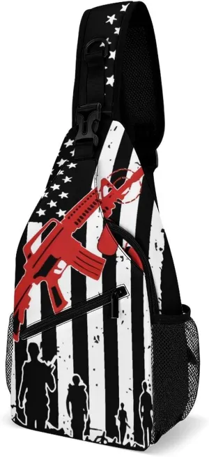 Army Veteran American Flag Gun Art Sling Bags Men And Women Shoulder Backpack Chest Bag Cross Body Chest Sling Backpack.