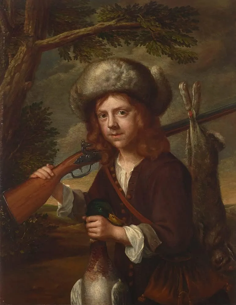 ArtDirect After Wallerant Vaillant 15x18 Gold Ornate Frame and Double Matted Museum Art Print Titled - A Young Hunter, in a Fur Cap with a Rifle, Mallard and Hare