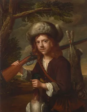 ArtDirect After Wallerant Vaillant 15x18 Gold Ornate Frame and Double Matted Museum Art Print Titled - A Young Hunter, in a Fur Cap with a Rifle, Mallard and Hare