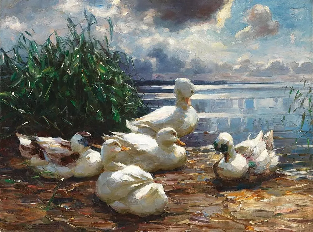 ArtDirect Alexander Koester 18x14 Gold Ornate Frame and Double Matted Museum Art Print Titled - Ducks on Lake Chiemsee in a Brewing Storm