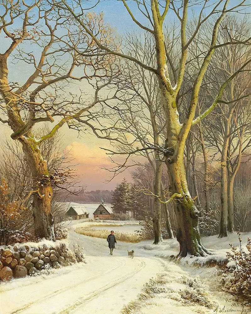 ArtDirect Anders Andersen-Lundby 15x18 Gold Ornate Frame and Double Matted Museum Art Print Titled - Winter Day in the Forest, North Zealand. a Man Airs the Dog (1874)