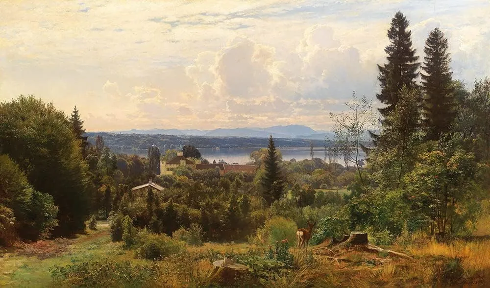 ArtDirect Anders Andersen-Lundby 18x12 Gold Ornate Frame and Double Matted Museum Art Print Titled - Summer's Day on Lake Starnberg, Possenhofen Castle in the Foreground