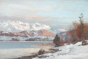 ArtDirect Anders Andersen-Lundby 18x13 Gold Ornate Frame and Double Matted Museum Art Print Titled - Winter Landscape with Morning Lights Over Bjergso, in the Background View of the Alps