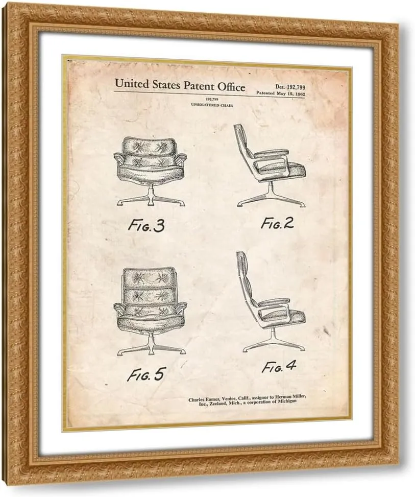 ArtDirect Borders, Cole 28x36 XL Gold Ornate Framed and Double Matted Museum Art Print Titled PP421-Vintage Parchment Eames Upholstered Chair Patent Poster