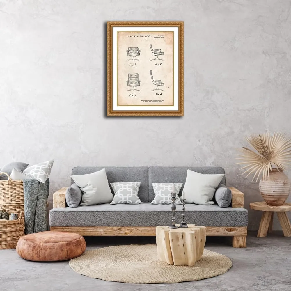 ArtDirect Borders, Cole 28x36 XL Gold Ornate Framed and Double Matted Museum Art Print Titled PP421-Vintage Parchment Eames Upholstered Chair Patent Poster