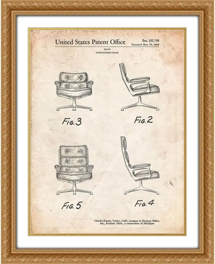 ArtDirect Borders, Cole 28x36 XL Gold Ornate Framed and Double Matted Museum Art Print Titled PP421-Vintage Parchment Eames Upholstered Chair Patent Poster