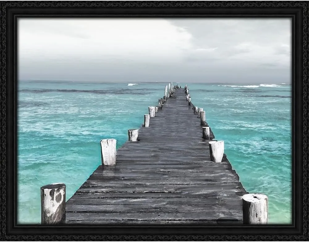 ArtDirect Centered Dock At Sea Recolor 24x19 Black Ornate Wood Framed Canvas Giclee Art by Villa, Milli