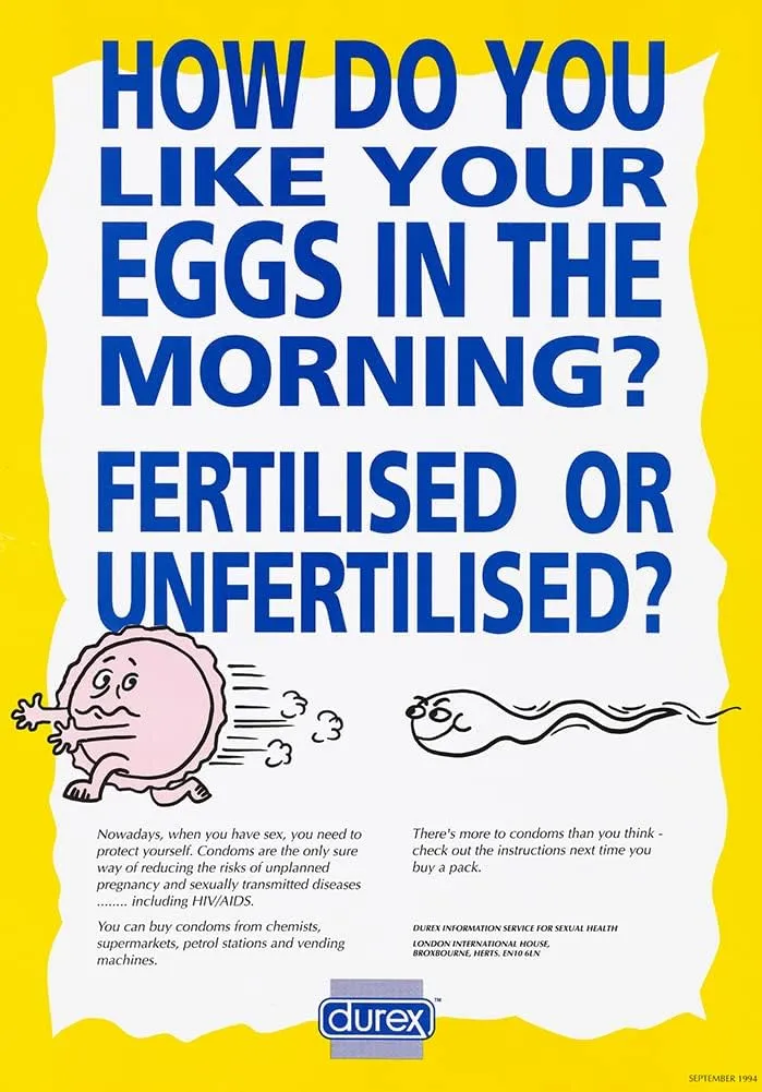 ArtDirect Durex Information Service for Sexual Health 14x18 Black Ornate Frame and Double Matted Museum Art Print Titled: How Do You Like Your Eggs in the Morning (1994)