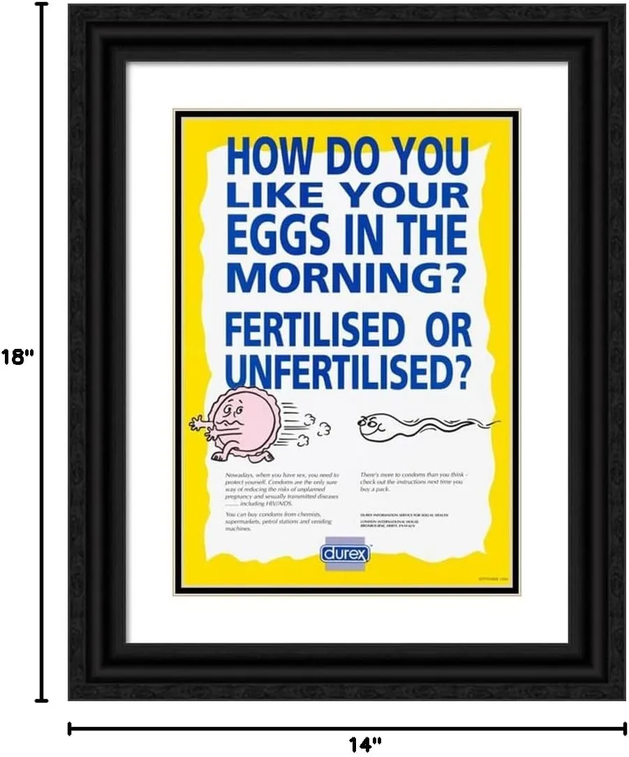 ArtDirect Durex Information Service for Sexual Health 14x18 Black Ornate Frame and Double Matted Museum Art Print Titled: How Do You Like Your Eggs in the Morning (1994)