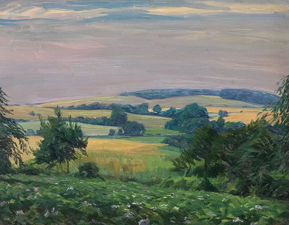 ArtDirect Eduard Steinbach 24x20 Gold Ornate Framed and Double Matted Museum Art Print Titled: North German Hilly Landscape (1915)