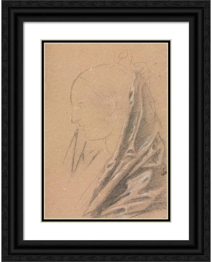 ArtDirect Francesco Lorenzi 14x18 Black Ornate Frame and Double Matted Museum Art Print Titled: Verona Sketchbook: Female Head with Drapery (Page 81) (1760)