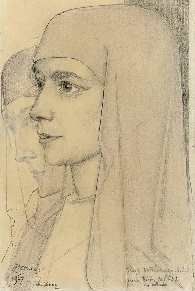 ArtDirect Jan Toorop 13x18 Gold Ornate Frame and Double Matted Museum Art Print Titled - Portrait of Treesje Westermann, Mother Therese Huf Van Bethania (1927)