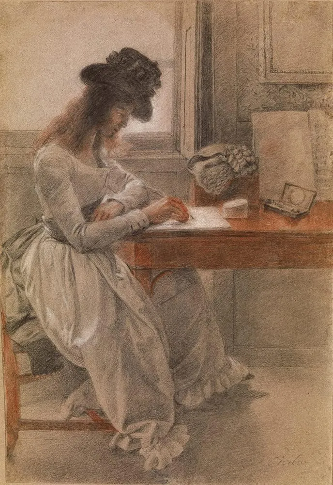 ArtDirect Johan Joseph Zoffany 14x18 Gold Ornate Frame and Double Matted Museum Art Print Titled - The Artist's Daughter, Cecilia, Seated at a Writing Desk