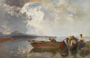ArtDirect Joseph Wopfner 18x13 Gold Ornate Frame and Double Matted Museum Art Print Titled - Fishing Train on Lake Chiemsee (Approx. 1910-1915)