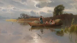 ArtDirect Karl Raupp 18x12 Gold Ornate Frame and Double Matted Museum Art Print Titled - Hay Boat on Lake Chiemsee