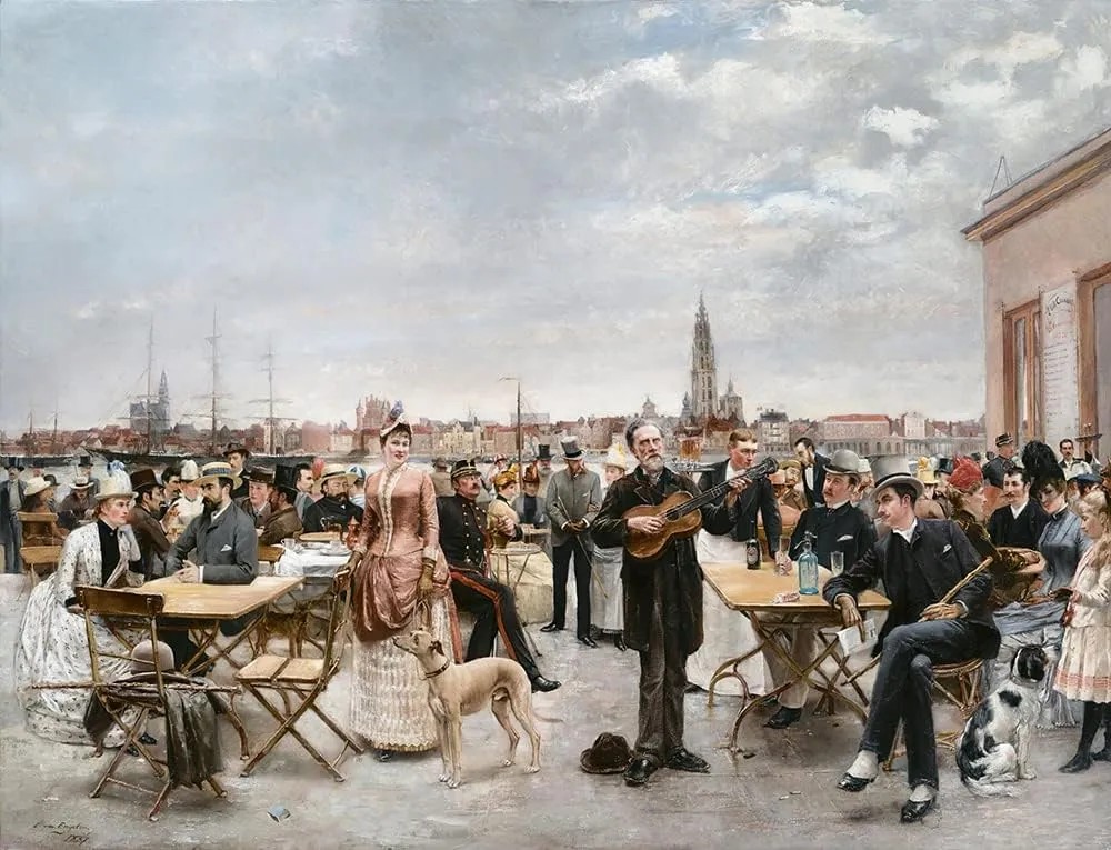 ArtDirect Louis Van Engelen 24x19 Black Ornate Framed and Double Matted Museum Art Print Titled: The Cafe Belvedere, Antwerp (1887)
