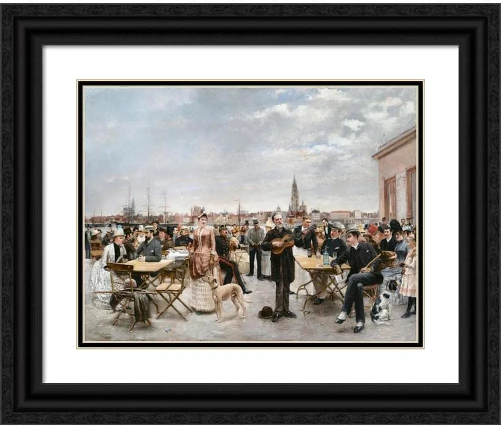 ArtDirect Louis Van Engelen 24x19 Black Ornate Framed and Double Matted Museum Art Print Titled: The Cafe Belvedere, Antwerp (1887)