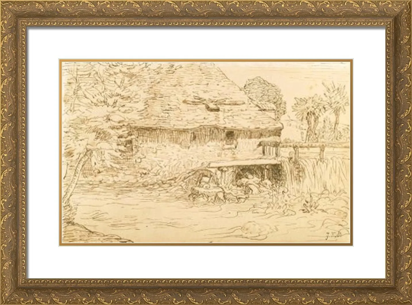 ArtDirect Millet, Jean-Francois 24x18 Gold Ornate Framed Art Print with Double Matting Titled: Water Mill near Vichy I