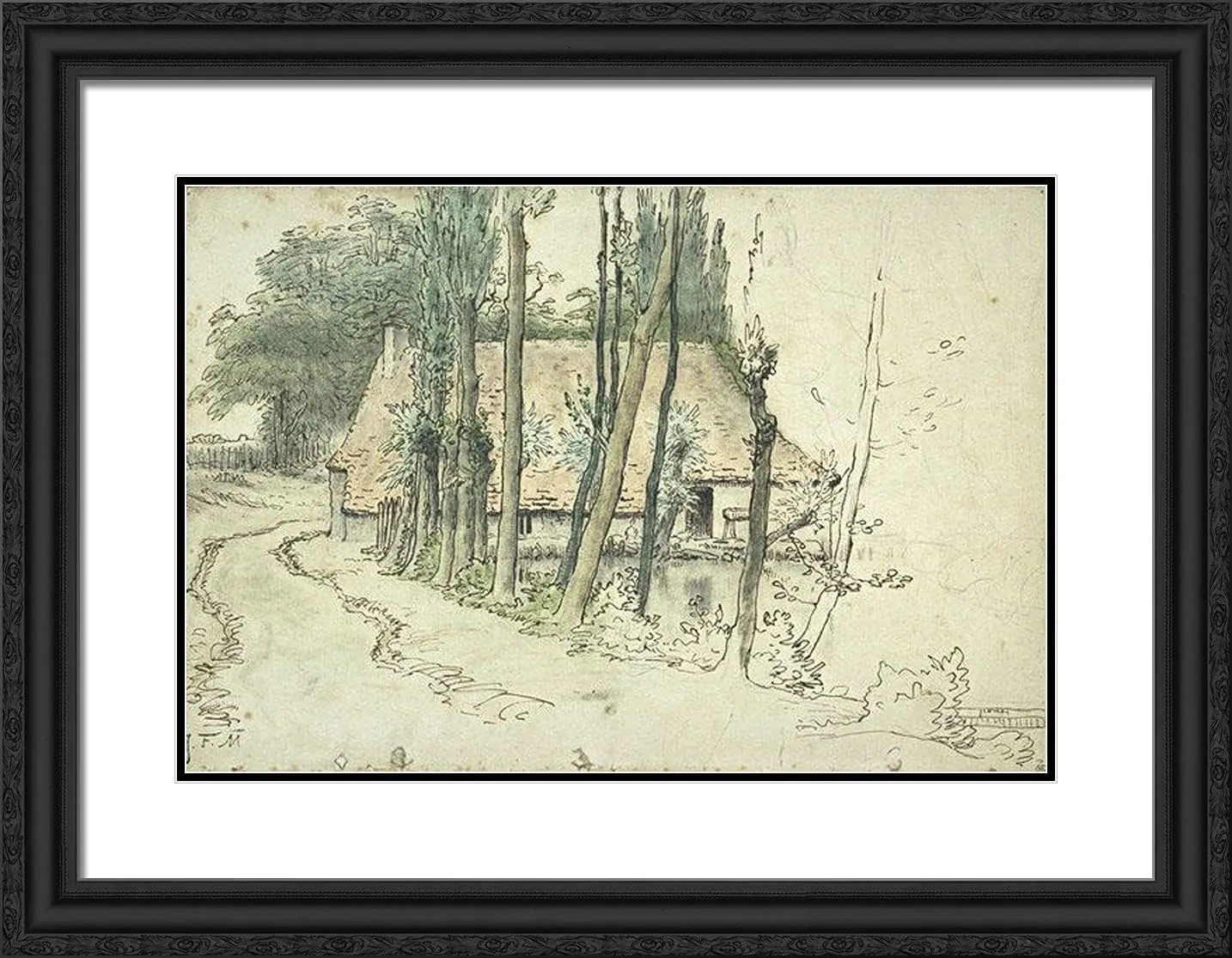 ArtDirect Millet, Jean-Francois 24x19 Black Ornate Framed Art Print with Double Matting Titled: Surroundings of Vichy House Near the Water
