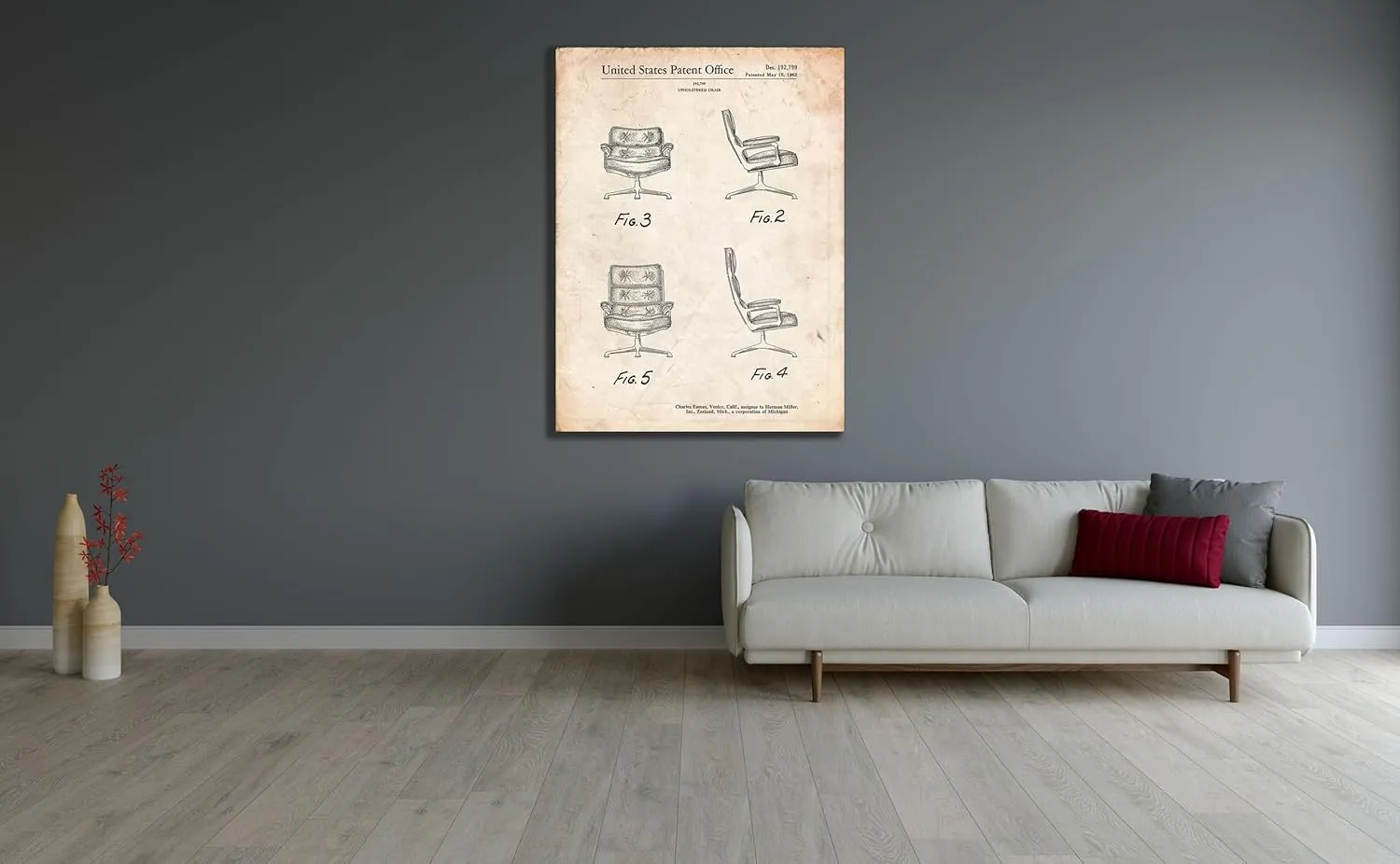 ArtDirect PP421-Vintage Parchment Eames Upholstered Chair Patent Poster 36x48 Huge Black Ornate Wood Framed Canvas Giclee Art by Borders, Cole