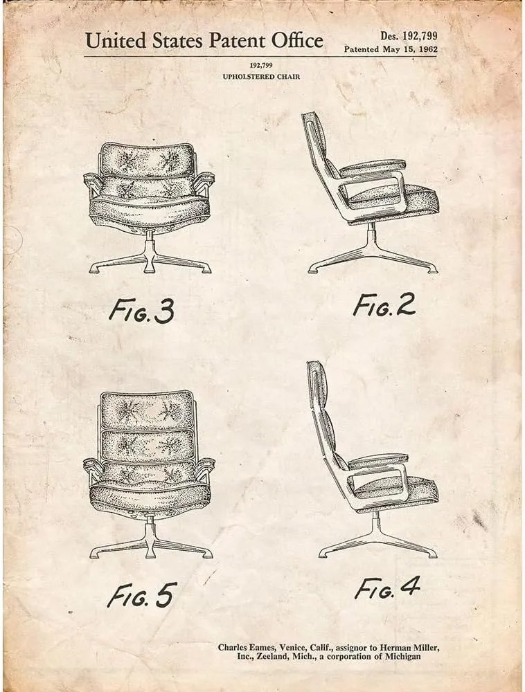 ArtDirect PP421-Vintage Parchment Eames Upholstered Chair Patent Poster 36x48 Huge Black Ornate Wood Framed Canvas Giclee Art by Borders, Cole