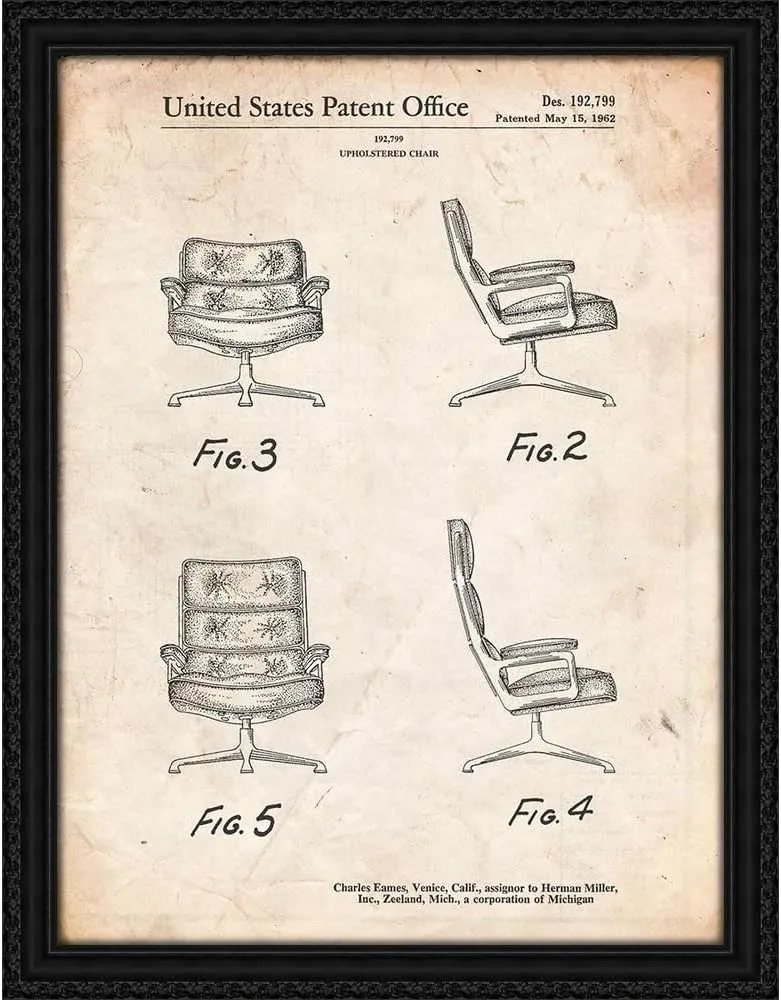 ArtDirect PP421-Vintage Parchment Eames Upholstered Chair Patent Poster 36x48 Huge Black Ornate Wood Framed Canvas Giclee Art by Borders, Cole